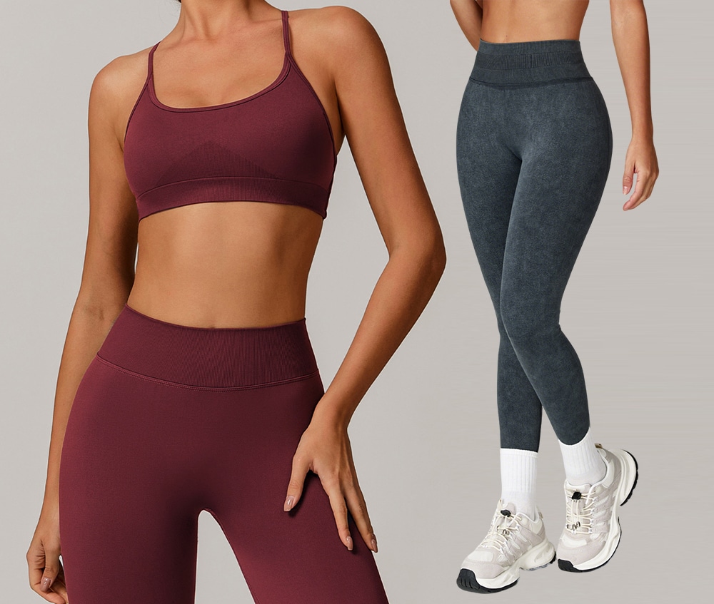 A professional studio shot featuring seamless merlot sports bra and leggings set alongside acid-wash charcoal leggings for high-performance fitness.