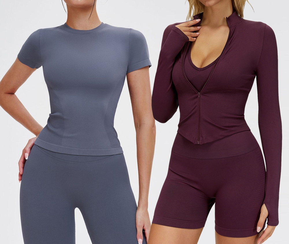 T-shirt de compression sans couture et veste de sport zippée avec passe-pouces, conçus pour un effet sculptant et un confort quotidien.