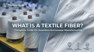 A visual guide explaining what is a fiber as it pertains to textiles, showing raw white yarn cones next to finished seamless activewear fabric.