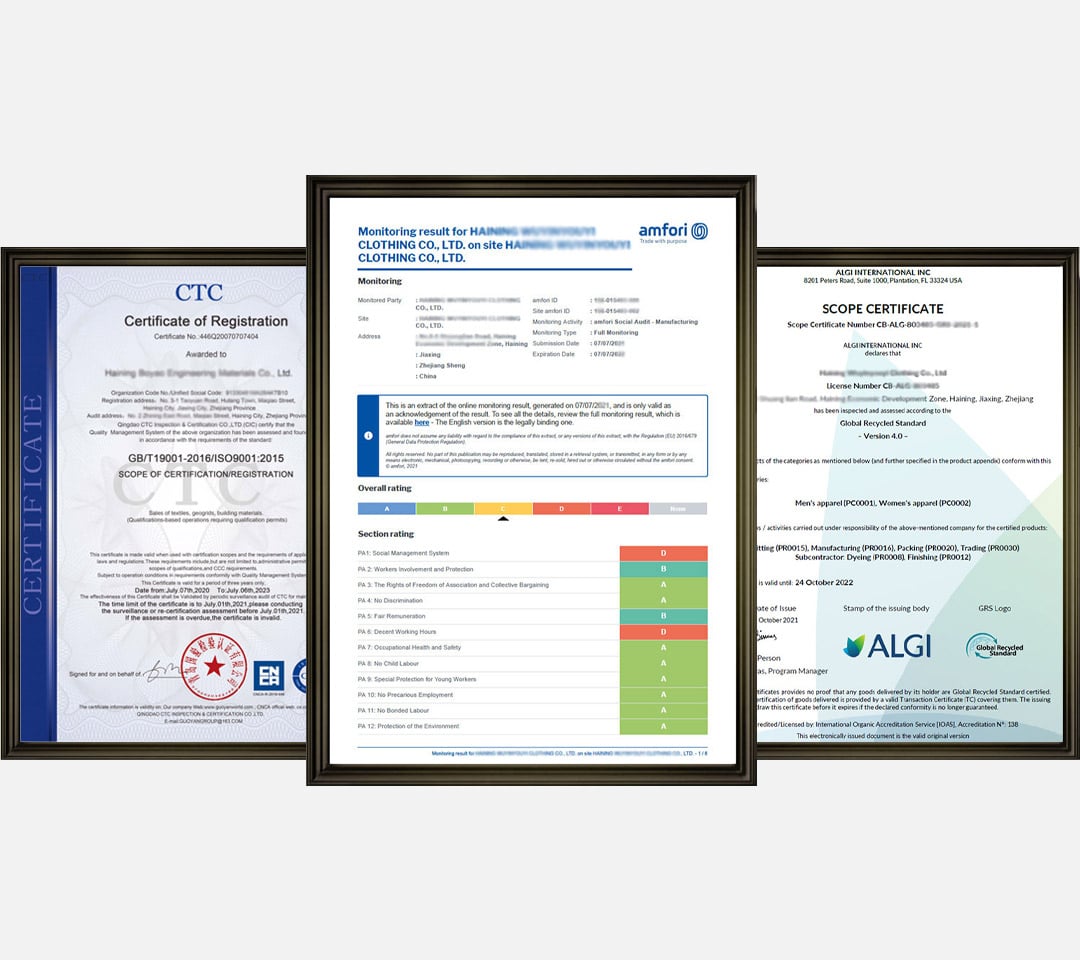 isplay of ISO 9001, Amfori BSCI social audit, and Global Recycled Standard (GRS) certificates for seamless clothing manufacturer.