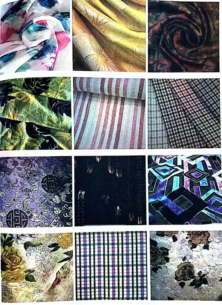 Examples of regenerated fiber fabrics, including Tencel and Viscose blends, showcasing a wide variety of colorful prints, textures, and patterns.