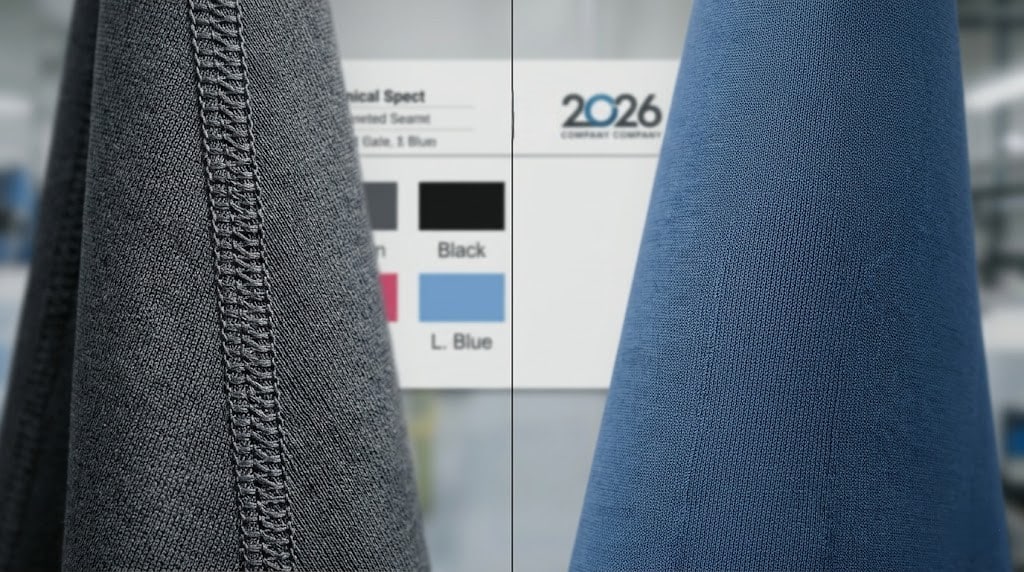 Detailed technical comparison of traditional 4-needle 6-thread flatlock seams versus advanced seamless knitted zones, a critical sourcing guide for finding reliable activewear manufacturers in China, displaying standard D. Grey and L. Blue color swatches.