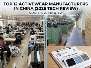 2026 technical review of the top 12 activewear manufacturers in China, showcasing a bright functional factory floor with Santoni seamless knitting machines and technical spec sheets displaying standard color codes.