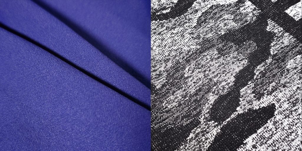 Macro fabric comparison revealing what is yarn made of in seamless manufacturing: solid color nylon-spandex versus L. Grey and D. Grey two-tone melange jacquard.