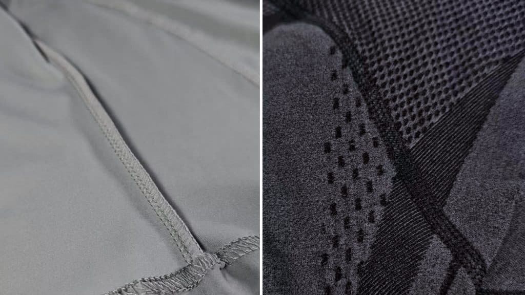 Close-up comparison photos of 4-needle 6-thread vs. 3-needle 5-thread stitching