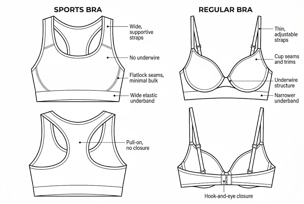 Construction comparison of a seamless sports bra and a regular underwire bra, front and back views