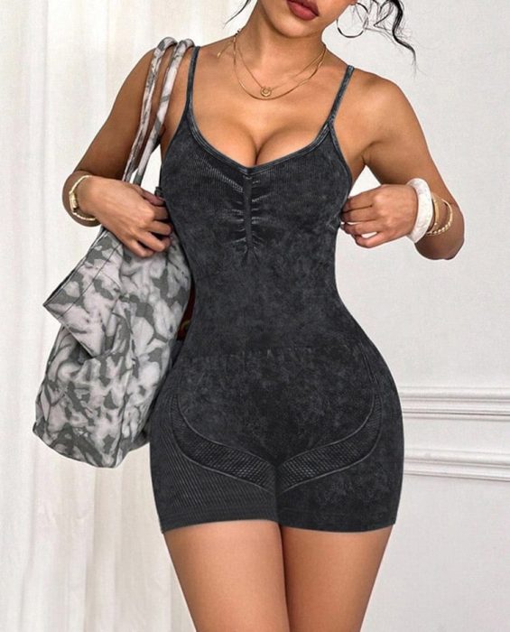 Mineral wash seamless jumpsuit romper for women, featuring athletic contouring and premium compression fit from an activewear factory.